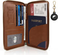 RFID Blocking Passport Wallet, Anti Theft PU Leather Passport Pouch with Tracker Case, Travel Document Organizer Zipper Wallet with Wrist Strap, Gifts for Women and Men (Brown)