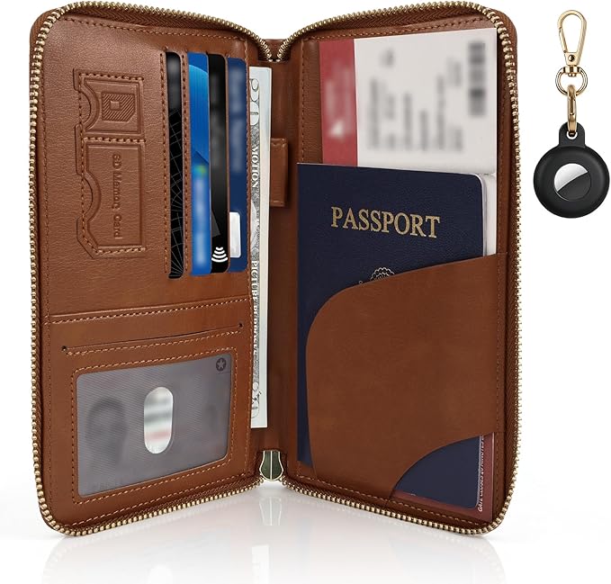 RFID Blocking Passport Wallet, Anti Theft PU Leather Passport Pouch with Tracker Case, Travel Document Organizer Zipper Wallet with Wrist Strap, Gifts for Women and Men (Brown)