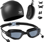 7 in 1 Swim Goggles + Swim Cap for Men Women,No Leak Anti-Fog & UV, Wide Visio HD Mirror PC Lens