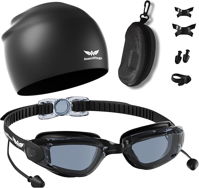 7 in 1 Swim Goggles + Swim Cap for Men Women,No Leak Anti-Fog & UV, Wide Visio HD Mirror PC Lens