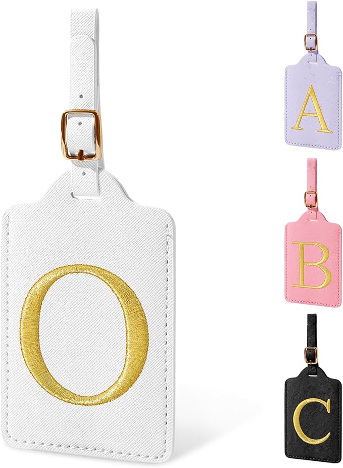 Personalized Initial Luggage Tags for Suitcase TSA Approved, White Leather Cute Luggage Tag with Privacy Cover Name Card, Embroidered Custom Luggage Tags Travel Baggage Tags Gifts for Women Kids(O)