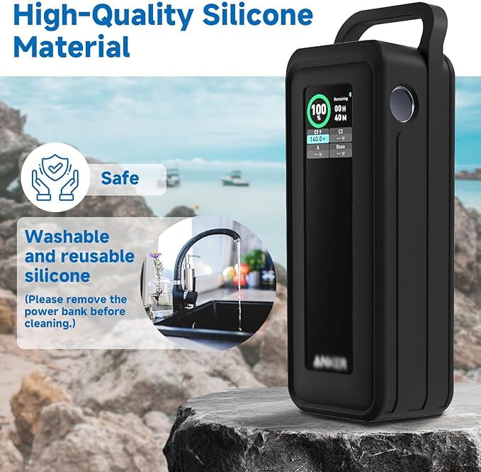 Protective Silicone Case for Anker Prime Power Bank 27,650mAh 250W - Portable with Handle & Hook Loop Strap, Anti-Slip & Shockproof Design (Black)