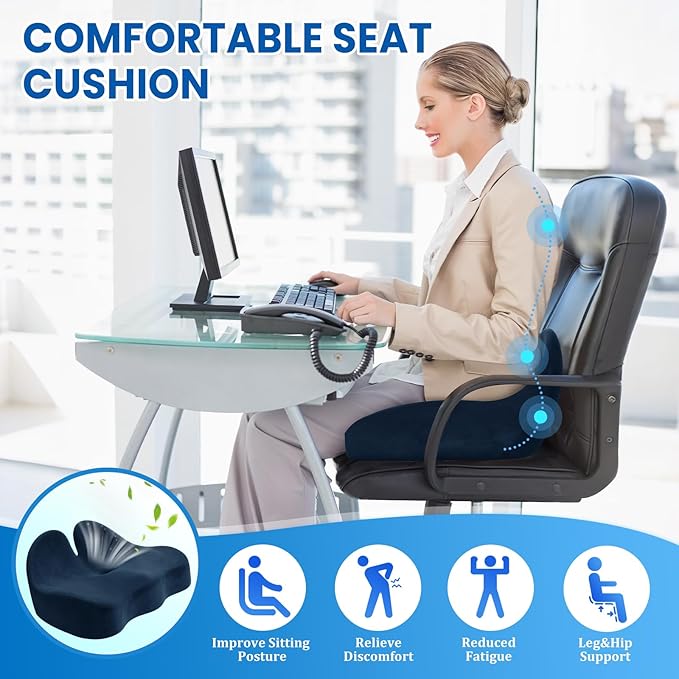 CushZone Seat Cushion, Memory Foam Office Chair Seat Cushion for Office Chairs/Car/Long Trip/Desk Chair/Gaming, X-Large Size for Sciatica & Hip & Tailbone Pain Relief, Sciatica Support (Blue)