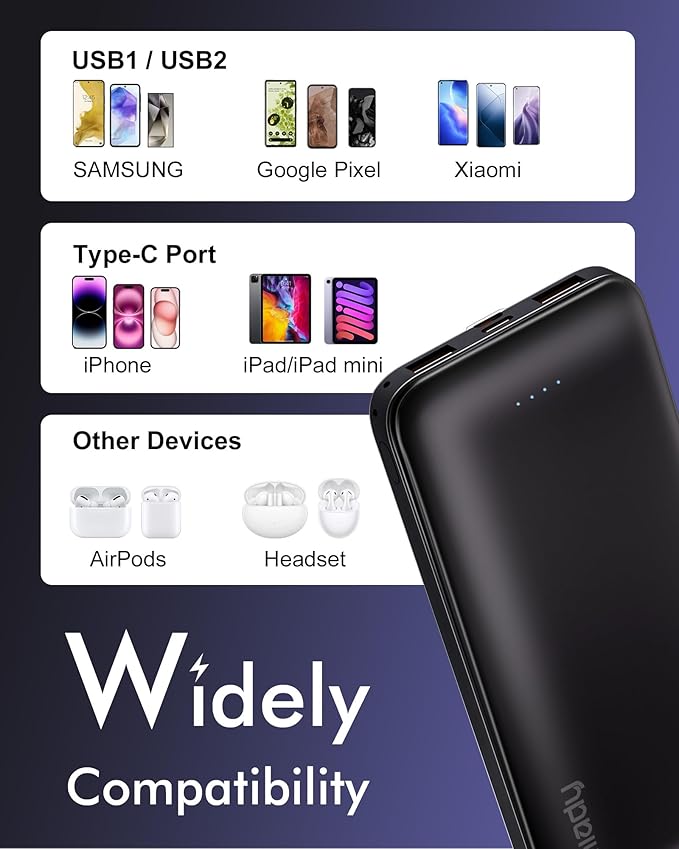 Miady 2-Pack Portable Charger, Slim 10000mAh Power Bank Travel Battery Pack 3 Outputs 2 Inputs Compatible with iPhone 17/16/15/14/13 Galaxy S24/22 iPad Android etc (2 Black)