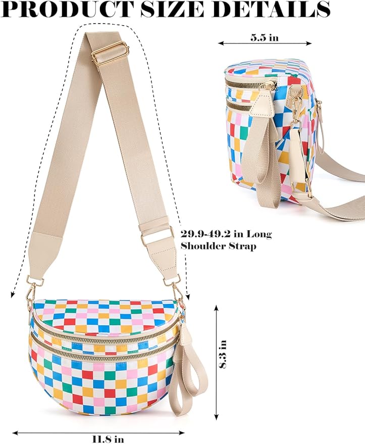 Black and White Checkered Crossbody Bag Bum Bag for Women,Spacious Checkered Purse Fanny Packs Belt Bag