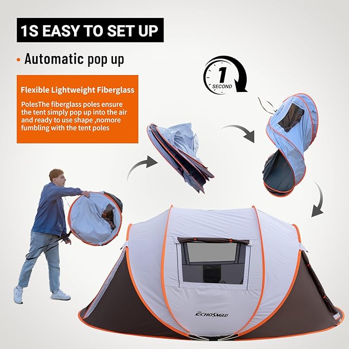 EchoSmile Pop Up Camping Tent, 2/4/6 Person Easy Setup Tent, Water Resistant Dome, Portable with Carry Bag