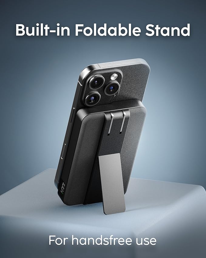 myCharge CliqLuxe+ Magnetic Wireless Power Bank 10,000mAh | iPhone & MagSafe Compatible | Qi2.2 25W Mag Safe Portable Charger | Built-in Wall Plug & Stand | 20W PD USB-C Port | Premium Black Fabric