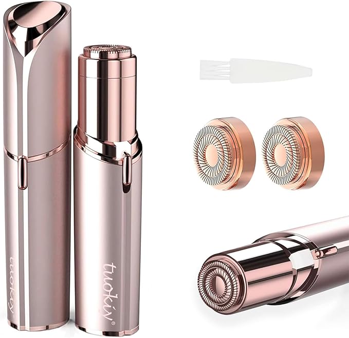 tuokiy Women Facial Hair Removal Device Battery Operated with 2 Replacement Heads,Ladies Face Shaver for Peach Fuzz Upper Lip,Chin, Facial Hair Removal for Women, Rose Gold