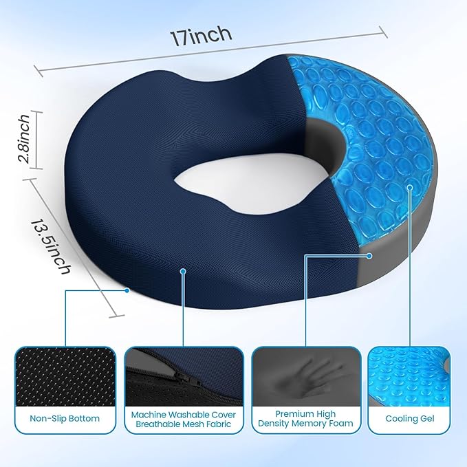 Donut Pillow Seat Cushion - Cooling Gel Donut Chair Cushions, Memory Foam Seat Cushion for Office & Home, Car Seat Cushion and Butt Pillow, Hemorrhoids Pillow and Tailbone Pain Relief, Blue