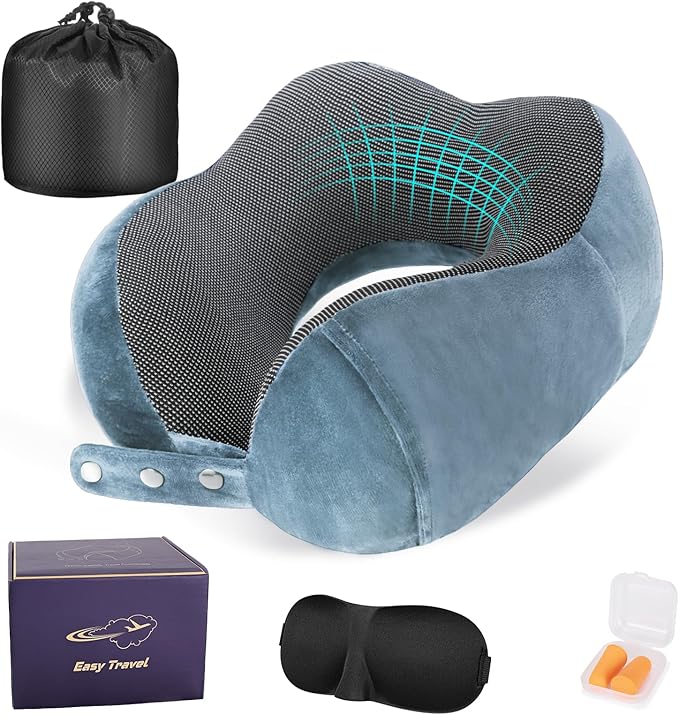 Cirorld Neck Pillow for Traveling, Travel Pillows for Airplanes,100% Pure Memory Foam Travel Neck Pillow, Adjustable Flight Pillow, Portable Plane Accessories with Eye Mask, Earplugs, Carry Bag