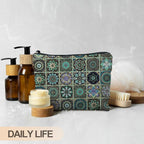 Vintage Boho Mandala Floral Makeup Bag, Ethnic Moroccan Mexican Talavera Tile Cosmetic Bags for Women, Mexican Gifts for Women, Traditional Green Block Print Zipper Makeup Pouch