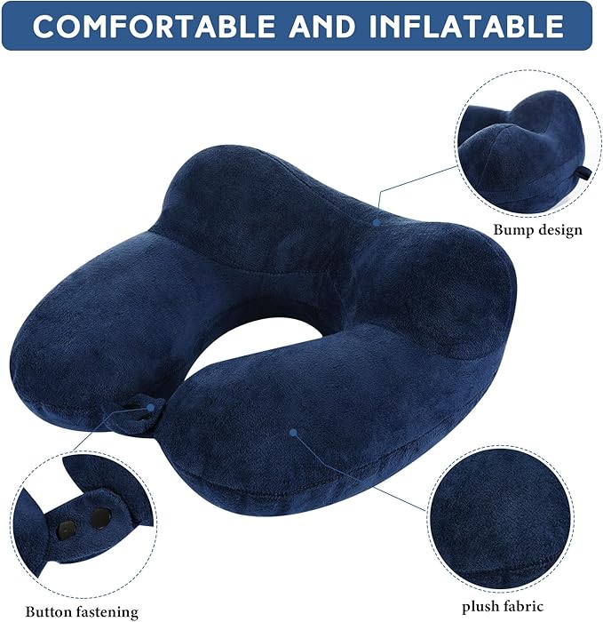 Sintuff 4 Sets Inflatable Travel Pillows for Airplanes with Compact Bag and Blindfold Velvet Inflatable Neck Pillow for Traveling Head Support U Shaped Flight, 12 x 12 x 5.5 Inch (Assorted Colors)