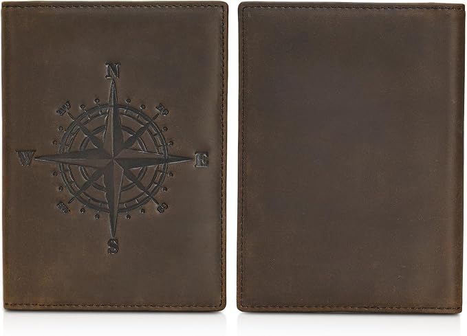 Polare Slim RFID Blocking Leather Passport Holder Travel Bifold Wallet For Men(Dark Brown Compass)