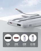 Portable Charger 10000mAh, Cell Phone Portable Power Banks with 22.5W PD Fast Charging, Compact Phone Charger Built in Cable, Compatible with Apple, Samsung, Google, Motorola and More-Grey