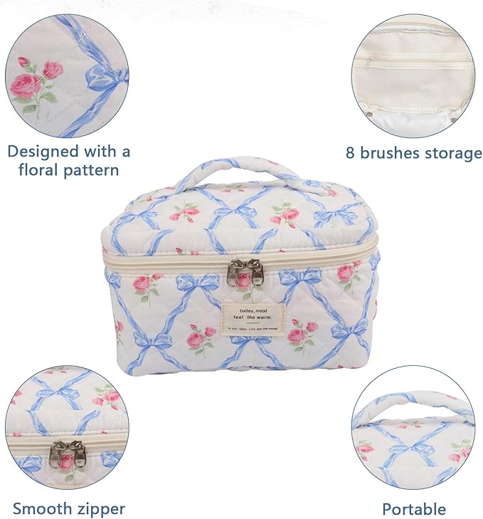 Gosect Large Makeup Bag, Cute Cosmetic Bag for Women Girls, Floral Coquette Aesthetic Toiletry Bag, Travel Make Up Organizer Bag (Blue Butterfly)