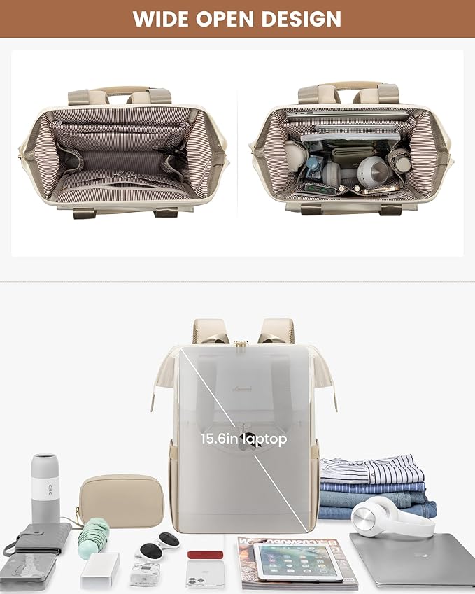 LOVEVOOK Laptop Backpack for Women, 15.6 Inch Work Laptop Bag with USB Port, Fashion Teacher Nurse Backpack Purse, Waterproof Travel Computer Backpack with Organizer Bag, 2PCS, Beige-Khaki