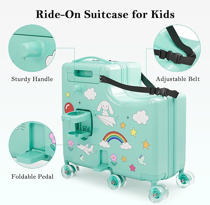 Ride-On Suitcase for Kids Carry On Luggage, Hard Shell Kids Travel Suitcase with 6 Spinner Wheels, TSA Lock, Safety Belt, Foldable Pedal & Cup Holder, Kids Riding Luggage, Green