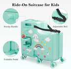 Ride-On Suitcase for Kids Carry On Luggage, Hard Shell Kids Travel Suitcase with 6 Spinner Wheels, TSA Lock, Safety Belt, Foldable Pedal & Cup Holder, Kids Riding Luggage, Green