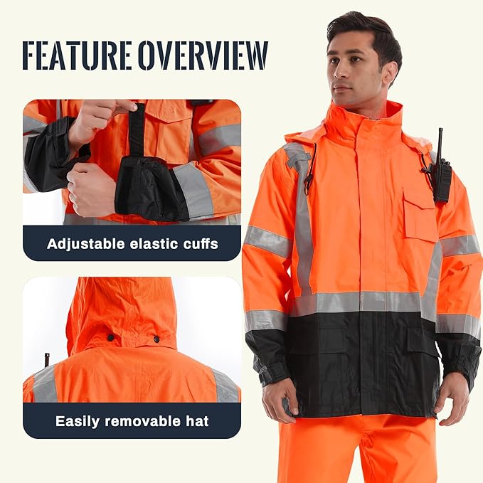SKSAFETY Hi Vis Safety Rain Jacket for Men, Construction Work Rain Gear Heavy Duty Class 3 Rain Coat Waterproof Lightweight