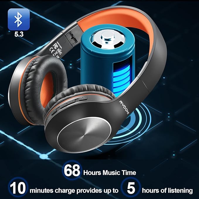 Rydohi Bluetooth Headphones Over Ear, 68H Playtime and 3 EQ Music Modes Wireless Headphones with Microphone/Deep Bass, HiFi Stereo Foldable Lightweight Headset for PC Home Travel Office