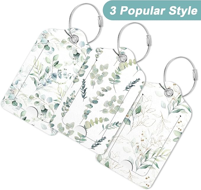 Rimilak 3 Pcs PU Leather Luggage Tags for Suitcase, Travel Cruise Luggage Tag with Privacy Flap, Name ID Label and Metal Loop for Women Men Baggage Handbag School Bag Backpack, Green Leaves