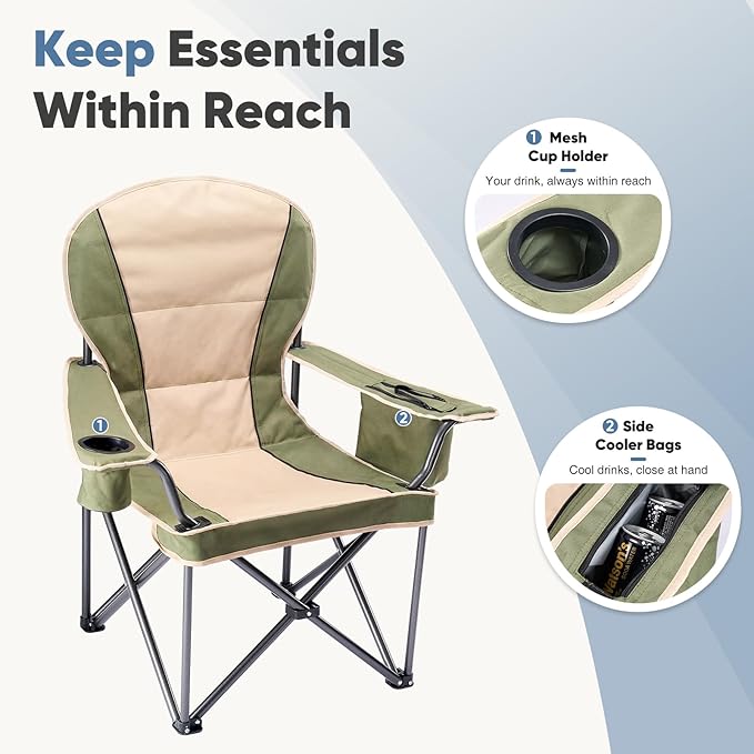 NEWBULIG Oversized Folding Camping Chair for Adults, Portable Outdoor Collapsible Chairs, 500 LBS Heavy Duty Support, with Cup Holders, Side Cooler & Pockets, for Lawn, Fishing, Hiking, Green