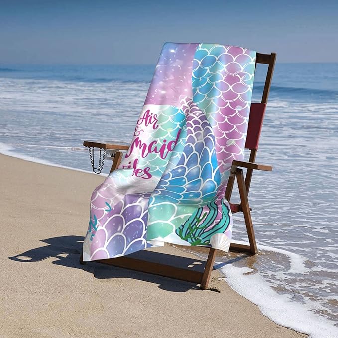 COMFAR Mermaid Microfiber Beach Towels for Girls/Kids Personalized Beach Towels for Toddler/Baby, Cute Beach Towel, Thin Quick Dry Pool Towel 30"x 60"