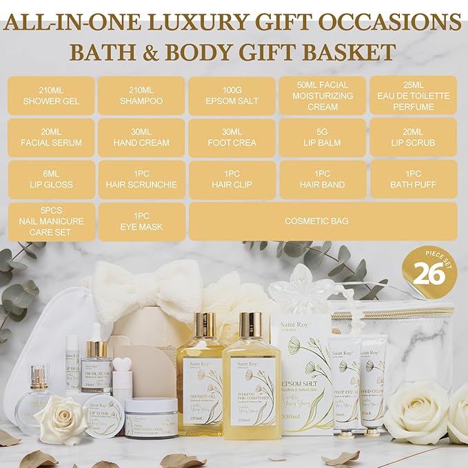 23Pcs Skin Spa Gifts for Women, Ylang Ylang Jasmine Bath & Body Gift Basket, Self-Care Relaxation Face Skin Kit, Lip Gloss, Cosmetic Bag, Manicure Set, Birthday, Christmas, Mother's Day, Anniversary
