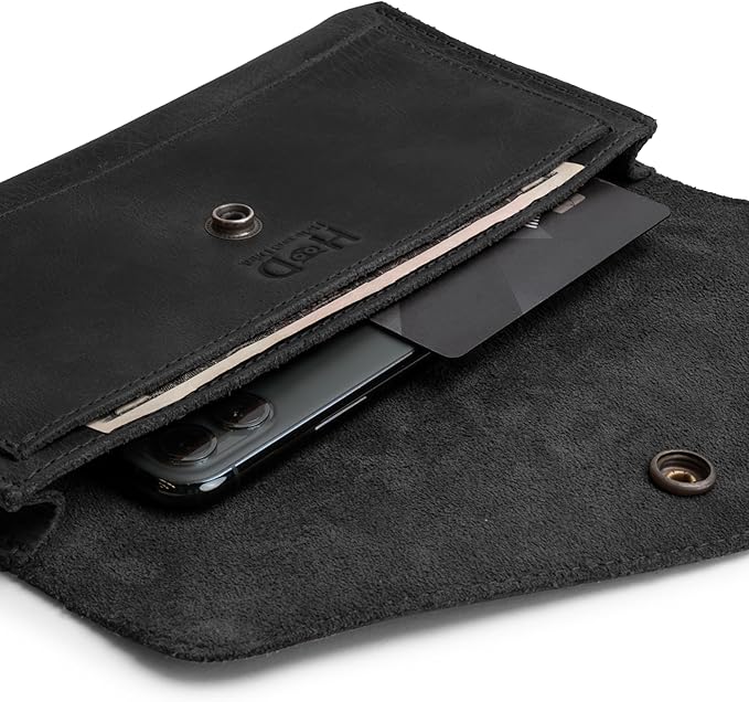 Hide & Drink, Full Grain Leather Large Female Wallet, Travel Organizer for Women, Vintage Money and Card Holder, Handmade, Charcoal Black