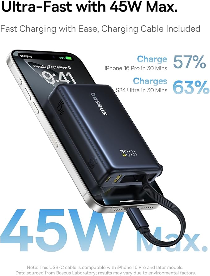 Baseus 0.3" Ultra Slim 5000mAh MagSafe Portable Charger & 45W Power Bank Built-in USB C Cable