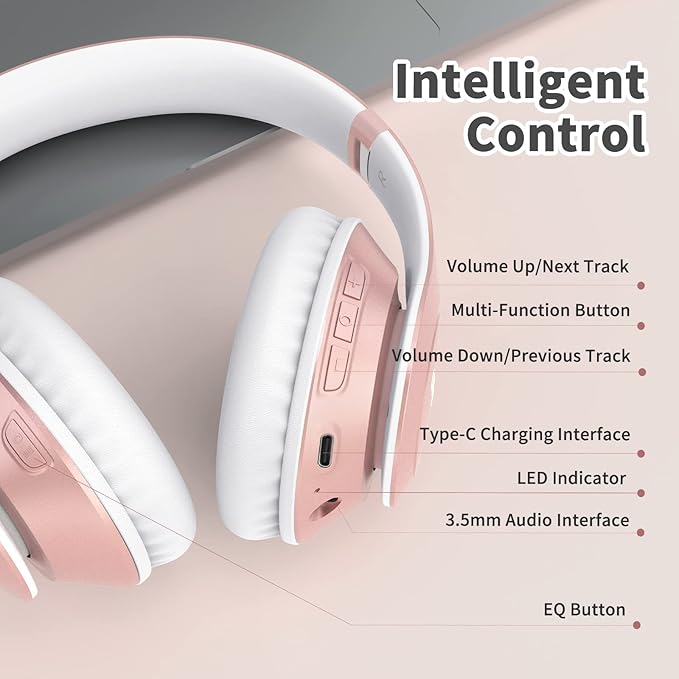 Uliptz Wireless Bluetooth Headphones, 65H Playtime, 6EQ Sound Modes, HiFi Stereo Over Ear Headphones with Microphone, Foldable Bluetooth 6.0 Headphone for Travel/Office/Cellphone/PC (Rose Gold)