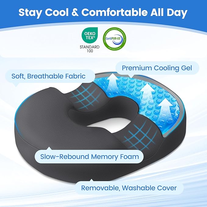 Donut Pillow for Tailbone Pain, Hemorrhoids - Cooling Gel Memory Foam Chair Seat Cushion for Office, Home & Wheelchair, Ergonomic Chair Pad for Pregnancy, Sciatica, Coccyx (XXL, Grey)