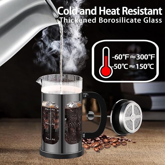 YMMIND French Press Coffee Maker (34oz 1Quart 5-6Cup) Coffee Press, with 4 Filters System, Heat Resistant Thickness Borosilicate Glass, Cold Brew Coffee Tea Pot Gifts (Bright Black)