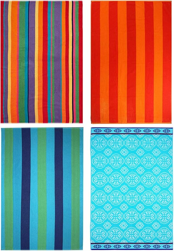 COTTON CRAFT Large Beach Towel - 4 Pack 100% Cotton Velour Jacquard - Pool Picnic Bath Travel Beach Towel - Plush Super Soft Absorbent Quick Dry Luxury - 450 GSM - 32x63 - Multi Color