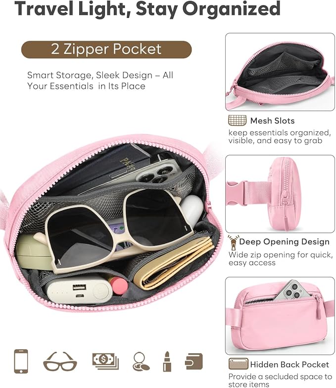 Pritent Fanny Packs for Women Cross Body Bag Waterproof Belt Bag with Adjustable Strap and Zipper Back Pocket Small Crossbody Bags Fashion Waist Packs for Workout Travelling(Light Pink)