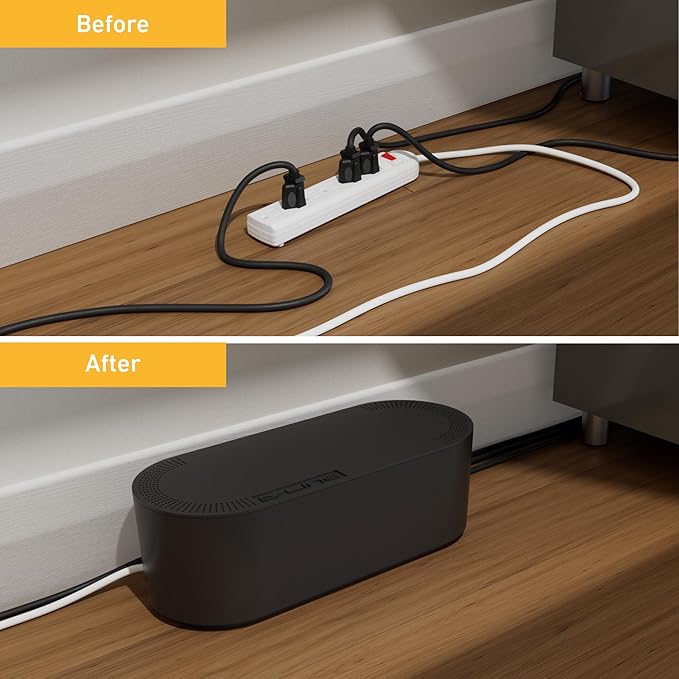 D-Line Cable Management Box with 6 AC Outlet 6ft Power Strip, Hide Extension Cords and Excess Wire Clutter, 16.5in (L) x 4.5in (H) x 5in (W) - Large, Black
