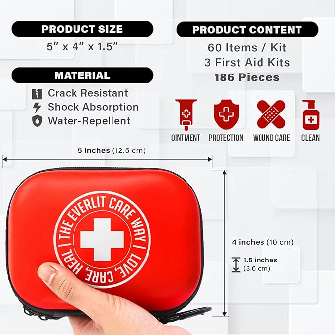 EVERLIT CARE Mini-Aid First Aid Kit | Compact & Lightweight Case with Carabiners for Travel | Family & Kid Friendly 180 Pcs Wound Care Supplies for School, Work, Outdoor, Home & Office | Pack of 3
