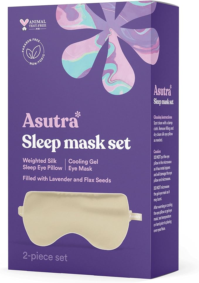 ASUTRA Silk Eye Pillow for Sleep, Champagne - Filled w/Lavender Buds & Flax Seeds, Weighted Eye Mask, Meditation & Light Blocking Blindfold, Cooling Gel Mask Included