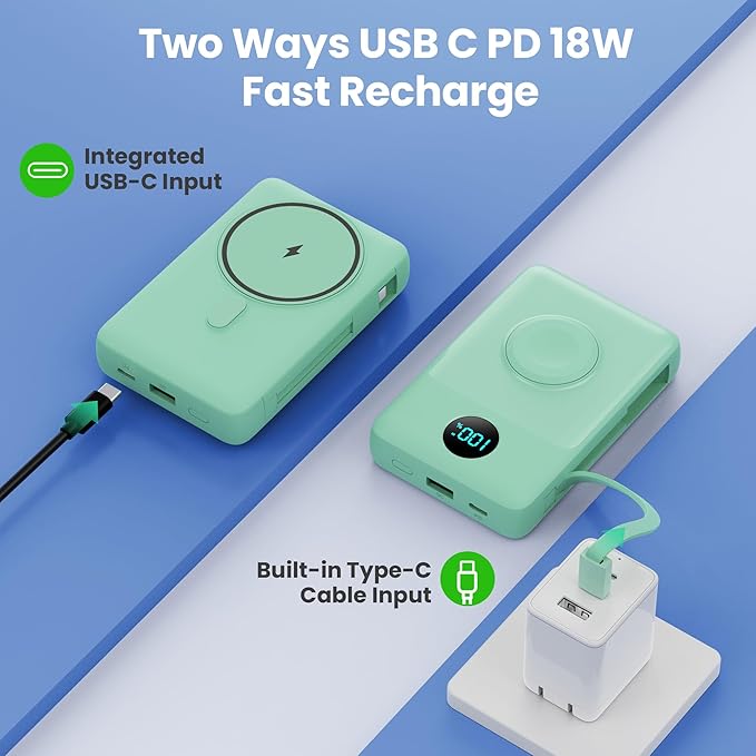 6 in 1 Magnetic Portable Charger for iPhone with Built-in Cables, 10800mAh 25W PD Fast Charging Power Bank, 6 Outputs LCD Display Travel Essential Battery Pack for iPhone 17/16/15/14/13/12 (Green)