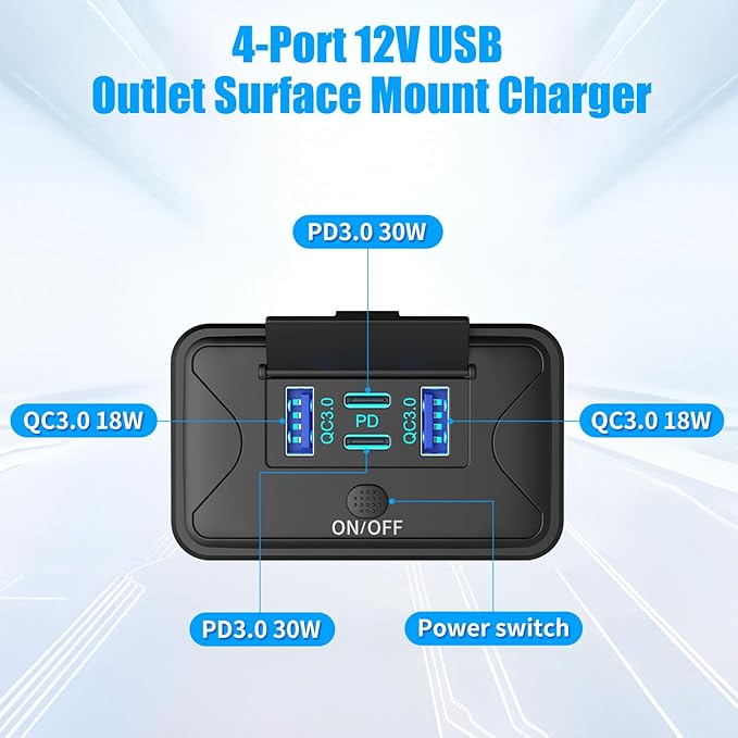 2 Pack 78W 4 Port 12V USB Outlet Wall Mount, Dual 36W PD & Dual 18W QC3.0 Lightweight Surface Mount Charger Socket Panel with Button Switch for Bus RV Truck Marine Golf Cart