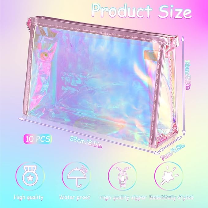 BESARME 10 Pcs Holographic Makeup Bags, Clear PVC Travel Toiletry Bag Iridescent Pouch Portable Zippered Waterproof Cosmetic Bag SPA Bathroom Vacation Party Favors Bachelorette Gifts Mothers Day Gifts
