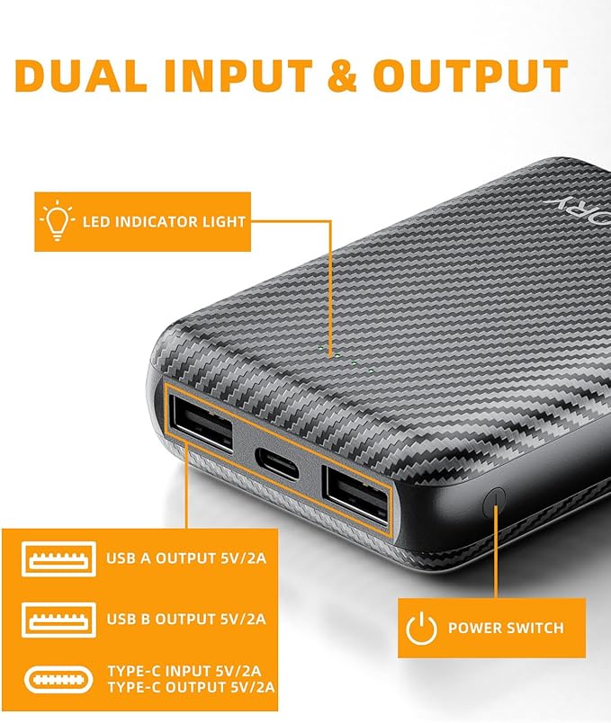 Heated Vest Battery Pack,𝟏𝟐𝟎𝟎𝟎𝐦𝐀𝐡 5V 2A/3A USB-C Out/in Power Bank for Heated Jacket Heated Pad Heated Hoodies Pocket Size Black