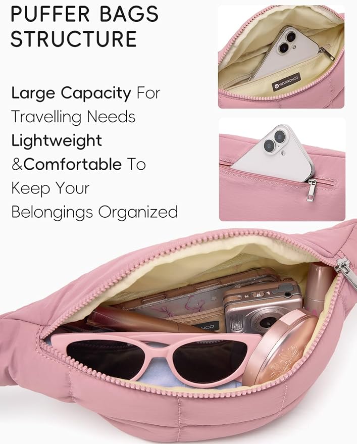 WESTBRONCO Puffer Fanny Packs for Women Small Crossbody Sling Bag, Nylon Quilted Belt Bag for Travel Hiking Running Waist Bag with Adjustable Strap