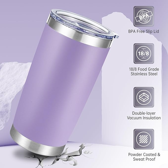 20 oz Tumblers Bulk Stainless Steel Tumbler with Lid Double Wall Vacuum Insulated Coffee Mug 20oz Powder Coated Cup for Hot and Cold Drinks, Purple, 12 pack