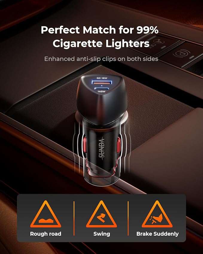 SUNDA 158W USB C Fast Car Charger, 2-Ports Type C Car Charger Adapter, Fast Charging PD3.1 PD140W/QC18W Phone Charger for iPhone17/16Pro/MacBook/iPad/Laptop/SamsungS25, Cigarette Lighter USB Charger