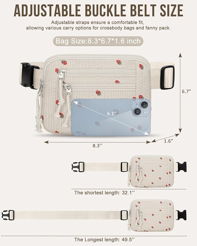 Capolo Fanny Packs for Women Fashion Waist Packs Bag with Adjustable Strap and 4 Zipper Pockets Waterproof Everywhere Crossbody Belt Bag for Workout Running Travelling(Strawberry, Large)