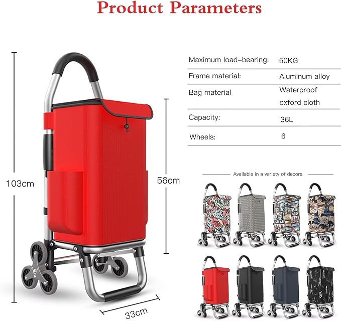 Lightweight Folding Cart on 6 Wheels 36L Stair Climbing Trolley with Detachable Waterproof Oxford Bag for Groceries Shopping and Travel - Red