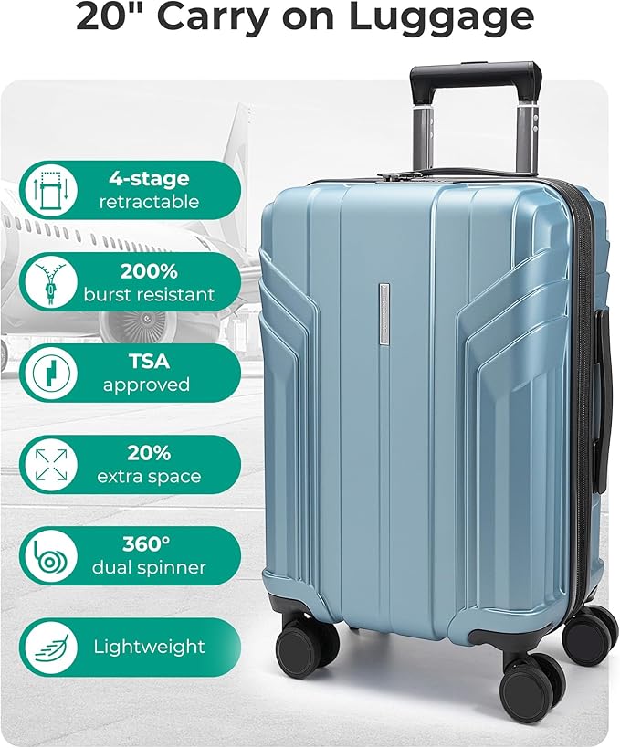 BAGSMART Expandable Carry On Luggage 22x14x9 Airline Approved, 20 Inch Travel Luggage with Spinner Wheels, Lightweight Hard Shell Suitcase Carry on Airy Blue