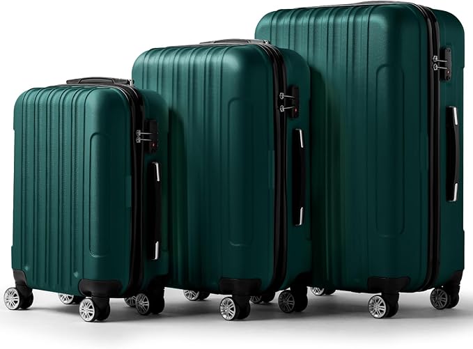 3 Piece Luggage Sets, Lightweight ABS Suitcase with 4 Spinner Wheels ＆ TSA Locks, Hardside Carry On Luggage Durable Suitcase Set for Family Travel Business - Dark Green, 20/24/28
