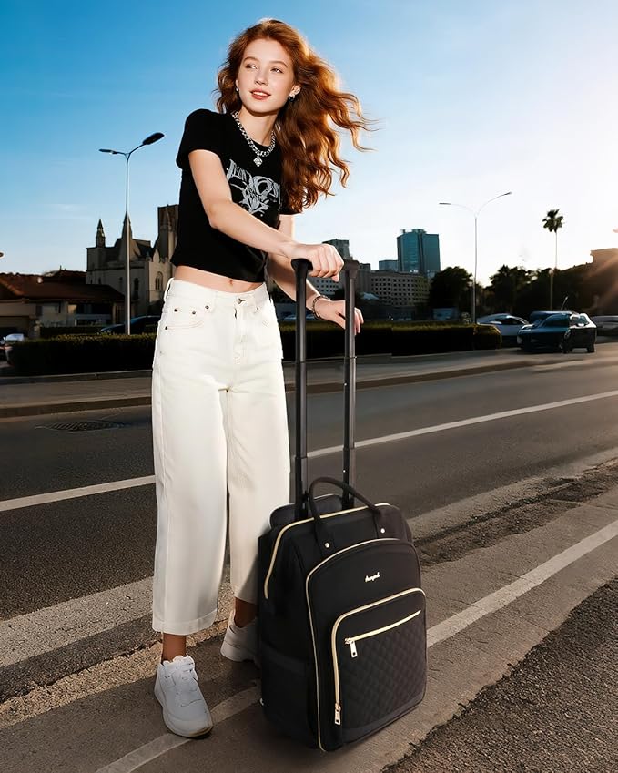 Rolling Backpack for Women, Travel Backpack with Wheels, Vertical Storage Wheeled Laptop Backpack, Overnight Underseat Carry on Luggage for College Business Work, Stylish Rolling Laptop Bag, Black